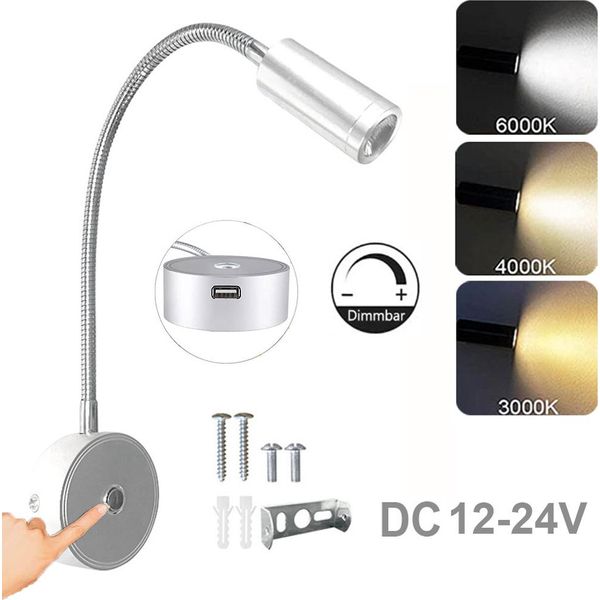 Lampada Da Parete A Led Dimmerabile 3 Colori Di Luce, Lampada Da Lettura Braccio Flessibile, Lampada Da Parete Interruttore A Sfioramento Connessione Usb 12-24V Interni Rv Camper Barca, Argento-image