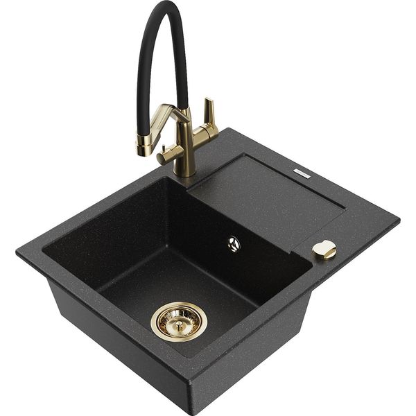 Mexen Enzo Lavello In Granito A 1 Vasca Con Scolapiatti E Rubinetto Da Cucina Duo, Nero/Argento Metallizzato-image