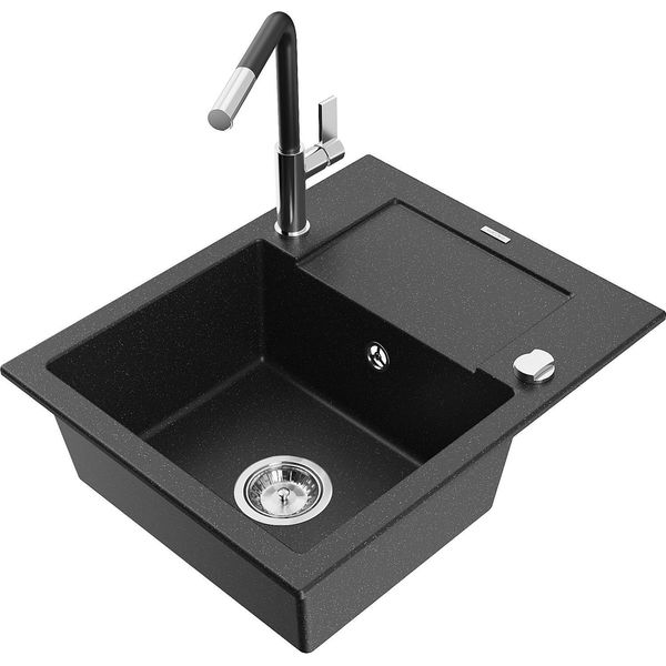 Mexen Enzo Lavello In Granito A 1 Vasca Con Sgocciolatoio E Rubinetto Da Cucina Flora, Nero/Argento Metallizzato-image