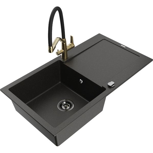 Mexen Leo Lavello Da Cucina In Granito 1 Vasca Con Scolapiatti E Rubinetto Duo, Nero/Metallico Dorato - 6501-75-671701-57-B-image