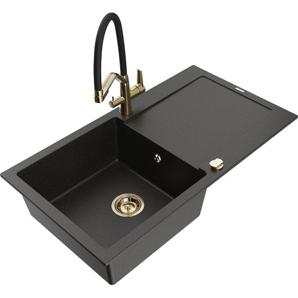 Mexen Leo Lavello In Granito A 1 Vasca Con Scolo E Rubinetto Da Cucina Duo, Nero/Oro Metallizzato - 6501-75-671701-57-G-image