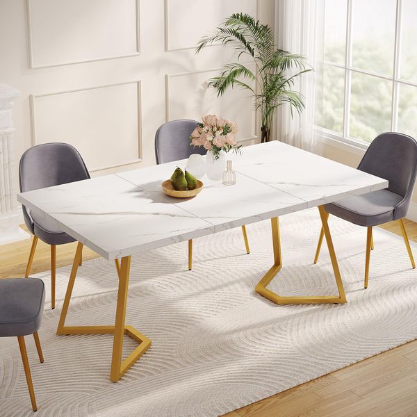 Tribesigns Tavolo Da Pranzo Moderno Dorato: 140 Cm, Tavolo Da Pranzo Bianco Con Gambe In Metallo, Marmo Artificiale, Piccolo Tavolo Da Cucina Per Sala Da Pranzo Per 6 Persone-image