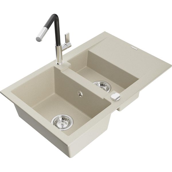 Mexen Gaspar Lavello In Granito 1,5 Vasche Con Gocciolatoio E Rubinetto Da Cucina Flora, Beige - 6507-69-670401-07-image