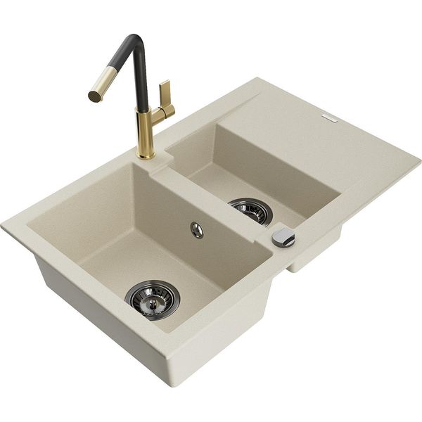 Mexen Gaspar Lavello In Granito A 1,5 Vasche Con Sgocciolatoio E Rubinetto Da Cucina Flora, Beige - 6507-69-670401-57-B-image