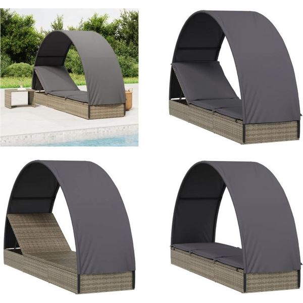Vidaxl Lettino Prendisole Con Tetto Rotondo Grigio 211X57X140 Cm In Poly Rattan - Lettino Prendisole - Lettino Prendisole - Lettino Da Giorno-image