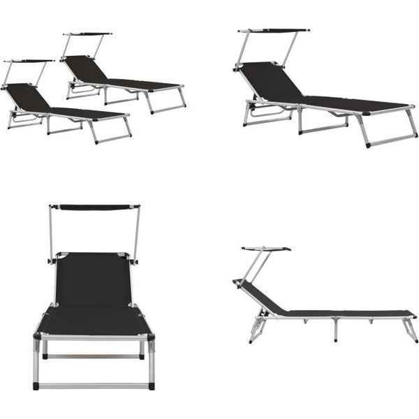 Vidaxl Lettini Pieghevoli Con Tetto 2 Pz. Alluminio Textilene Nero - Lettino Da Giardino - Lettini Da Giardino - Lettino Prendisole - Lettini Prendisole-image