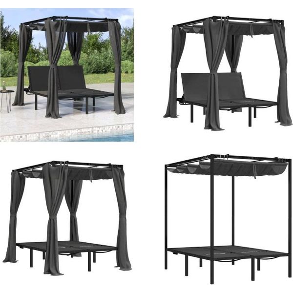 Vidaxl Lettino Doppio Con Tende E Baldacchino Antracite - Lettino Prendisole Con Tende - Lettino Prendisole Con Tende - Lettino Prendisole - Lettino Da Salotto-image