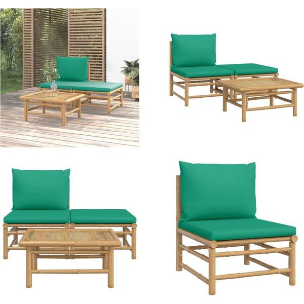 Vidaxl Set Da Salotto Da Giardino In 3 Pezzi Con Cuscini Verdi In Bambù - Set Da Salotto Da Giardino - Set Da Salotto - Set Di Mobili Da Giardino-image