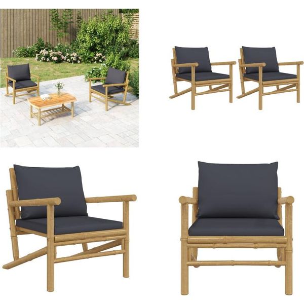 Vidaxl Sedie Da Giardino 2 Pezzi Con Cuscini Grigio Scuro Bambù - Sedia Da Giardino - Sedie Da Giardino - Sedia Da Esterno - Sedia Da Patio-image