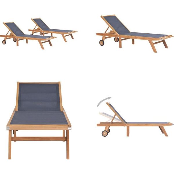 Vidaxl Lettini Pieghevoli Con Rotelle 2 Pz. Teak Massiccio Textilene - Lettino Da Sole - Lettino Da Sole - Lettino Di Legno - Lettini Di Legno-image