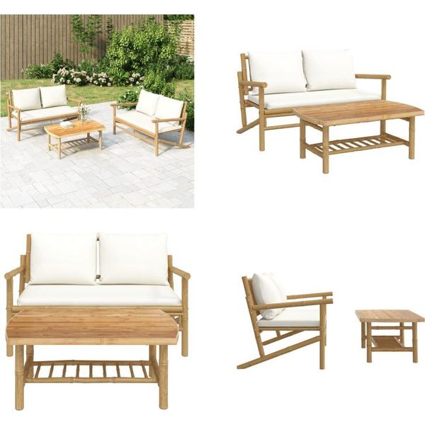 Vidaxl Set Da Salotto Da Giardino 2 Pezzi Con Cuscini Bianchi Crema Bambù - Set Da Salotto Da Giardino - Set Da Salotto - Set Da Salotto Terrazza-image