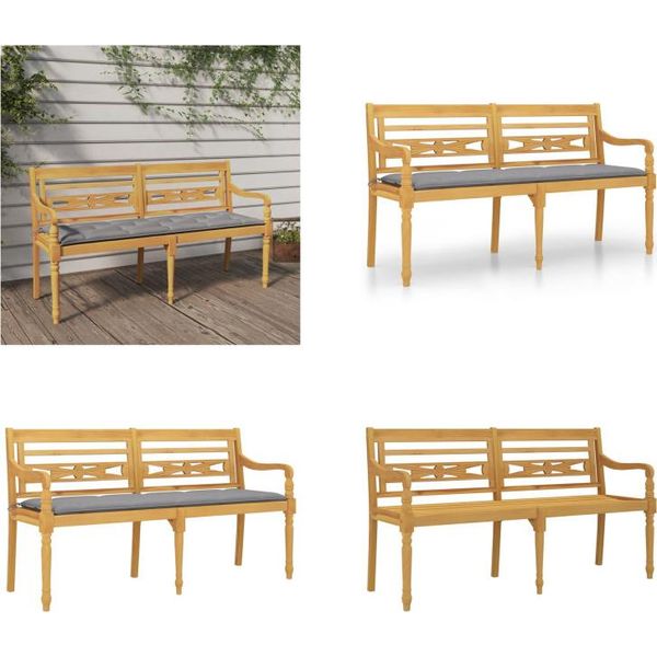 Vidaxl Panca Batavia Con Cuscino Grigio 150 Cm In Teak Massiccio - Panca - Panche - Panca Da Giardino - Panca Da Salotto-image