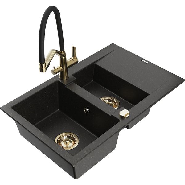 Mexen Gaspar Lavello In Granito 1,5 Vasca Con Scolapiatti E Rubinetto Da Cucina Duo, Nero/Oro Metallico - 6507-75-671701-57-G-image