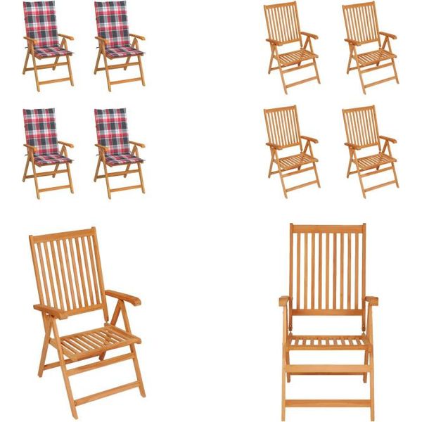 Vidaxl Sedie Da Giardino 4 Pz. Cuscini A Scacchi Rossi In Teak Massiccio - Sedia Da Giardino - Sedie Da Giardino - Poltrona Da Giardino - Sedia Pieghevole-image