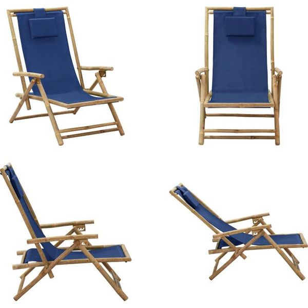 Vidaxl Sedia Reclinabile Regolabile Blu Navy In Bambù E Tessuto - Sedia Reclinabile - Sedia Pieghevole - Sedie Pieghevoli - Sedia-image