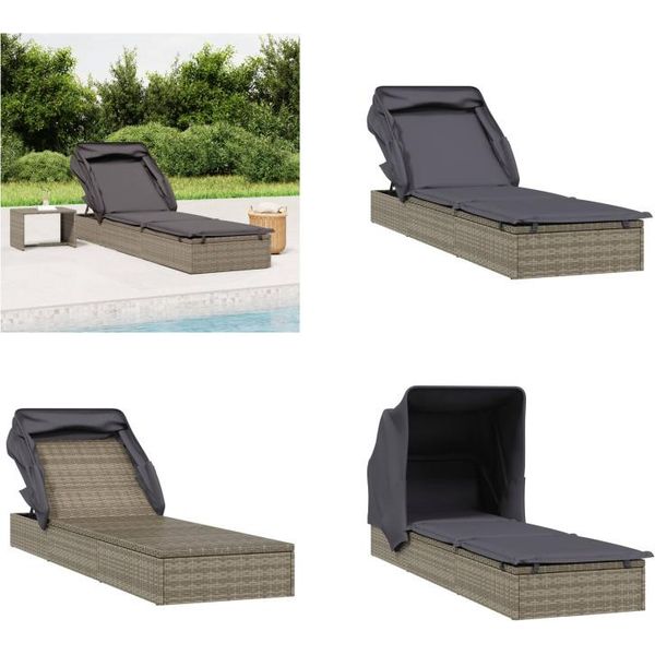 Vidaxl Lettino Prendisole Con Tetto Pieghevole Grigio 213X63X97 Cm In Poly Rattan - Lettino Prendisole - Lettino Prendisole - Lettino Da Giorno-image
