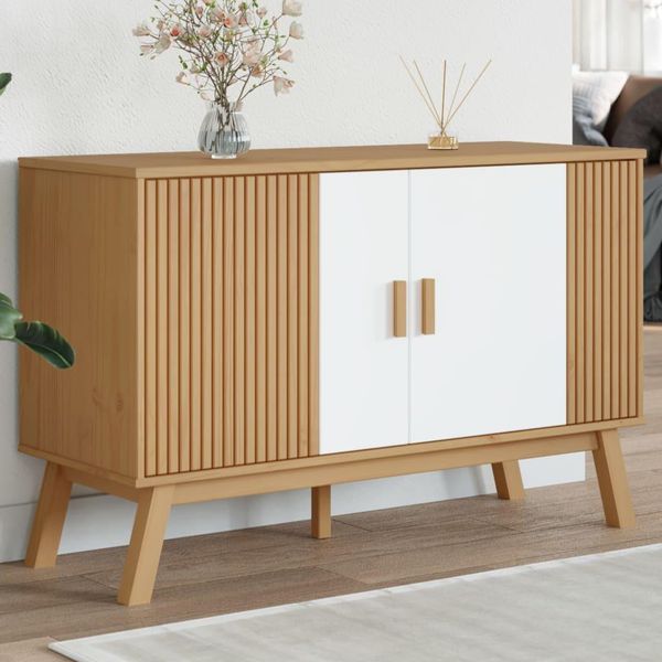 Vidaxl Credenza Olden Bianca E Marrone 114X43X73,5 Cm In Legno Di Pino Massiccio-image