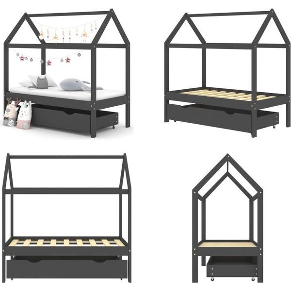 Vidaxl Letto Per Bambini Con Cassetto Grigio Scuro In Pino Massiccio 70X140 Cm - Struttura Letto Per Bambini - Struttura Letto Per Bambini - Struttura Letto Per Bambini - Letto Per Bambini-image