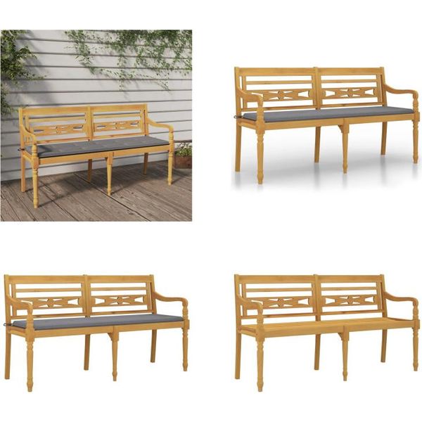 Vidaxl Panca Batavia Con Cuscino Grigio 150 Cm In Teak Massiccio - Panca - Panche - Panca Da Giardino - Panca Da Salotto-image