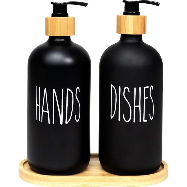 Intirilife Set Di 3 Dispenser Per Sapone In Vetro Nero Con Vassoio In Bambù - Capacità 500 Ml - 17,5 X 8,8 X 20,6 Cm - 2 Dispenser Per Sapone E Detersivo Per Piatti Dispenser Per Sapone A Mano Per Cucina Bagno-image