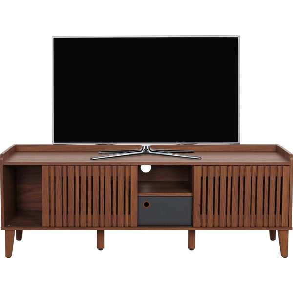Porta Tv HWC-M48, Mobile Tv Basso, Anta Scorrevole 56X150X40Cm ~ Aspetto Noce, Cassetto Grigio Scuro-image
