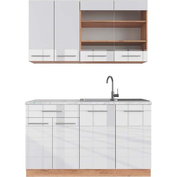 Vicco Cucina Completa Fame-Line, 140 Cm , Pt Marmo, Bianco Lucido/Oro Power Oak-image