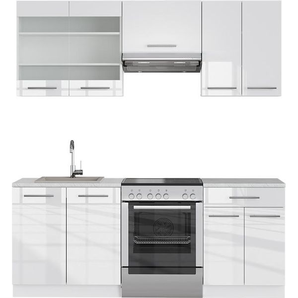 Vicco Cucina Componibile Fame-Line, 200 Cm , Pt Marmo, Bianco Lucido/Bianco-image