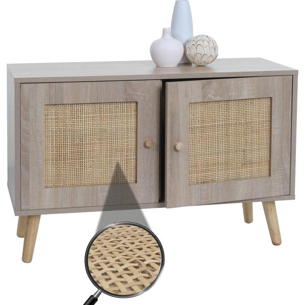 Cassettiera HWC-M40, Credenza Mobile Alta, Vani Portaoggetti, Melamina Di Legno Kubu Rattan, Aspetto Rovere-image