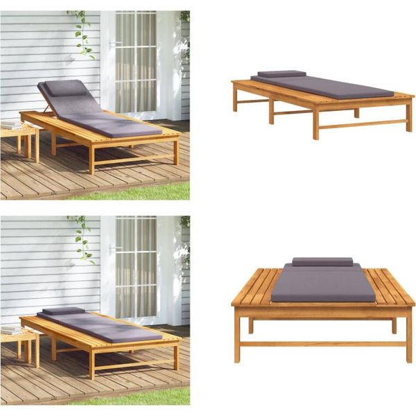 Vidaxl Lettino Prendisole Con Cuscino Grigio Scuro E Imbottitura In Legno Massiccio Di Acacia - Lettino Prendisole - Lettino - Lettino Da Esterno-image