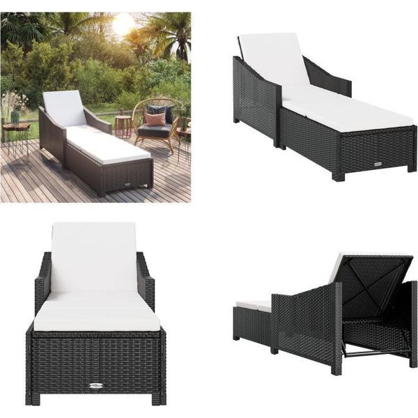 Vidaxl Lettino Prendisole Con Cuscino Bianco Crema In Poly Rattan Nero - Lettino Prendisole - Lettini Da Giardino - Lettini Da Giardino-image