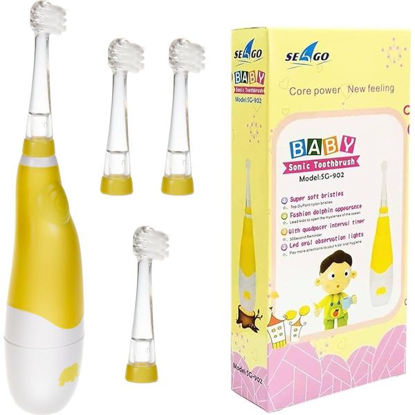 Spazzolino Sonico Seago SG-902, Spazzolini Collegabili: 4 Pezzi, Spazzolino Sonico Per Bambini Giallo-image