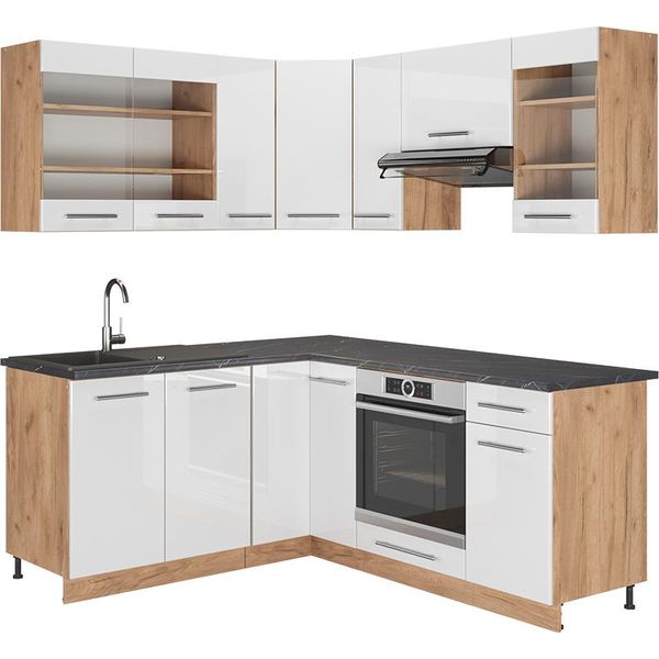 Vicco Cucina Angolare Completa Fame-Line, 160 X 190 Cm , Pt Antracite, Bianco Lucido/Oro Power Oak-image
