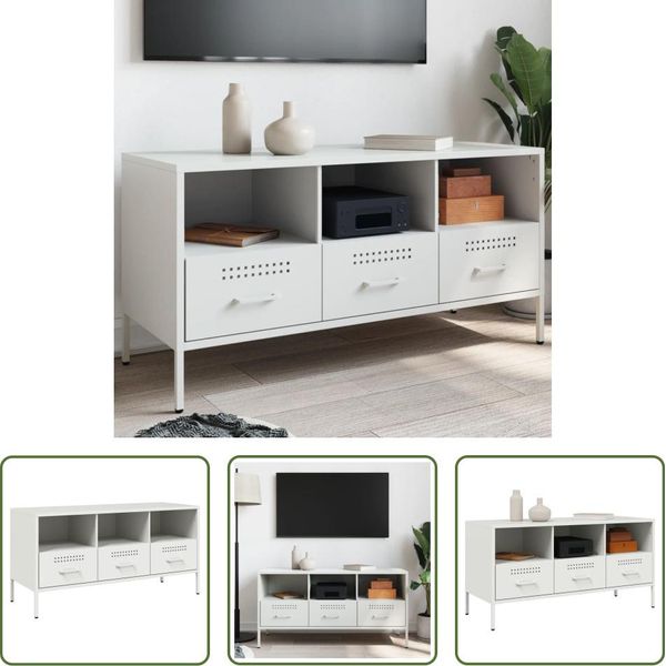 The Living Store Mobile Tv Bianco 100,5X39X50,5 Cm Acciaio Laminato A Freddo-image
