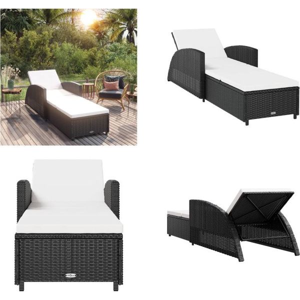 Vidaxl Lettino Prendisole Con Cuscino Bianco Crema In Poly Rattan Nero - Lettino Prendisole - Lettini Da Giardino - Lettini Da Giardino-image