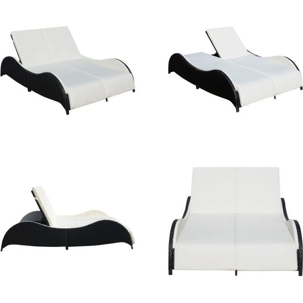 Vidaxl Lettino Prendisole Doppio Con Cuscino In Poly Rattan Nero - Lettino Prendisole - Lettini Prendisole - Lettini Prendisole-image