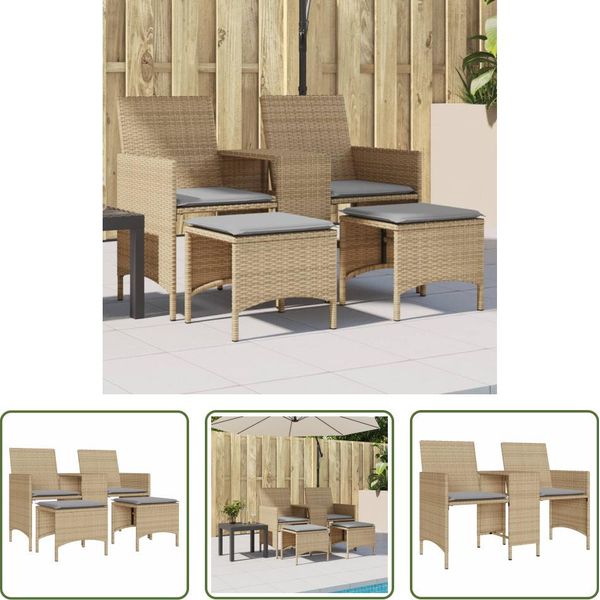 The Living Store Divano Da Giardino A 2 Posti Con Tavolo E Sgabelli Beige Poly Rattan-image