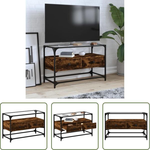 The Living Store Mobile Tv Con Piano In Vetro Rovere Fumé 80X35X51Cm Materiale In Legno-image