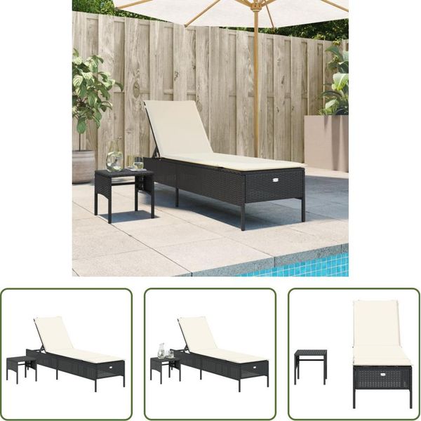 The Living Store Lettino Da Sole Con Tavolo E Cuscino In Poly Rattan Nero-image
