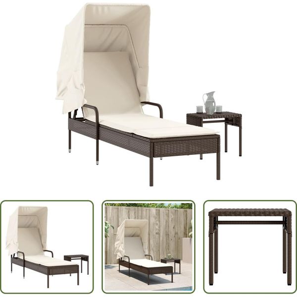 The Living Store Lettino Con Tetto E Tavolino In Poly Rattan Marrone-image