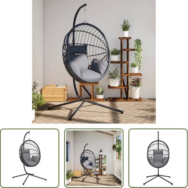 The Living Store Sedia Sospesa Egg Design Con Supporto In Rattan E Acciaio Grigio-image