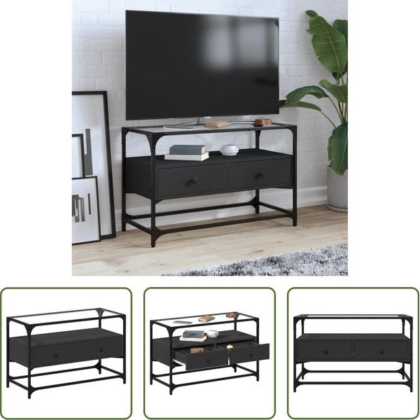 The Living Store Mobile Tv Con Piano In Vetro Nero 80X35X51 Cm Materiale In Legno-image