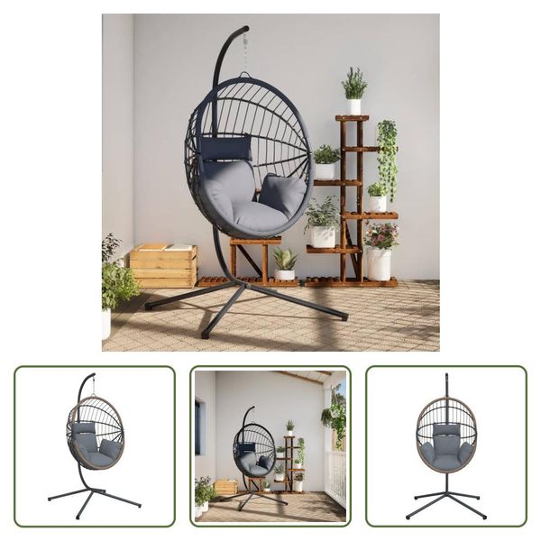 The Living Store Sedia Sospesa Egg Design Con Supporto Rattan Grigio Chiaro E Acciaio-image