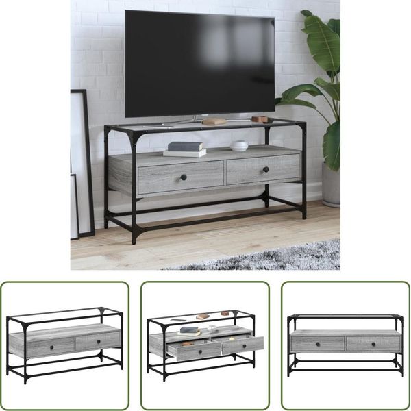 The Living Store Mobile Tv Con Piano In Vetro Grey Sonoma 98X35X51 Cm Materiale In Legno-image