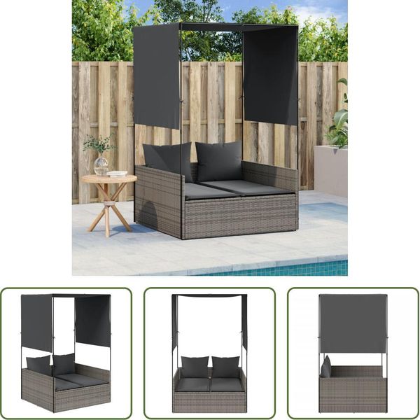 The Living Store Lettino Doppio Con Tettuccio E Tende In Poly Rattan Grigio-image