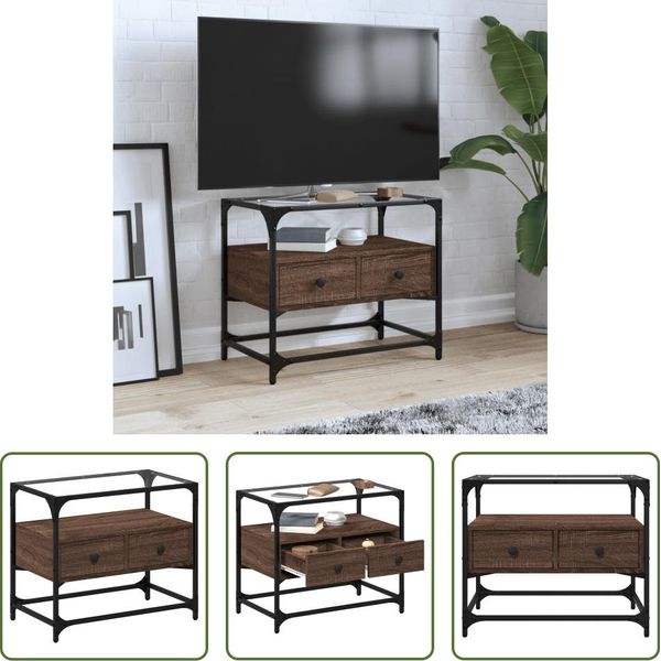 The Living Store Mobile Tv Con Piano In Vetro Rovere Marrone 60X35X51 Cm Materiale In Legno-image
