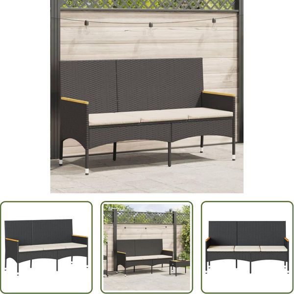 The Living Store Panca Da Giardino A 3 Posti Con Cuscini In Poly Rattan Nero-image