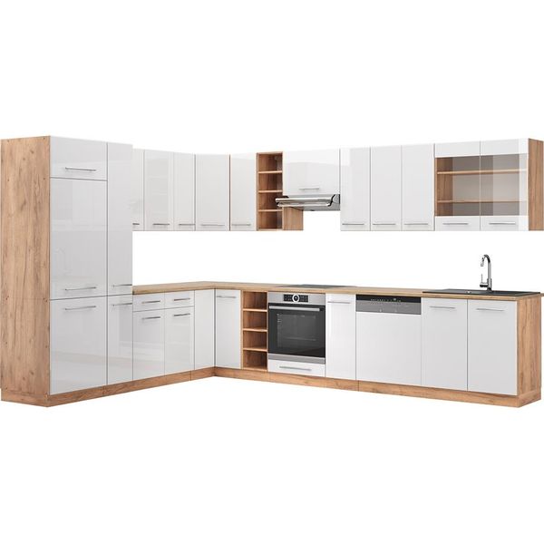 Vicco Cucina Angolare Completa Fame-Line, 257 X 60 Cm , Pt Rovere, Bianco Lucido/Oro Power Oak-image