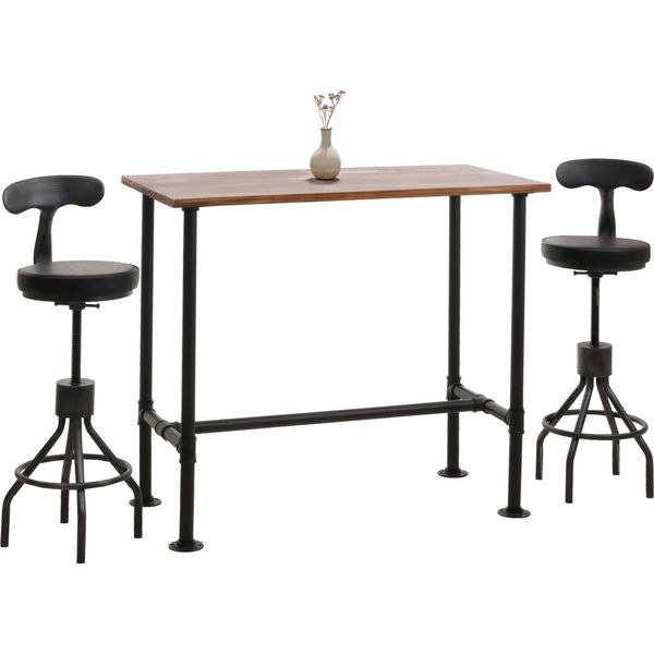 Set Tavolo Da Bar + 2X Sgabello Da Bar HWC-N21, Poggiapiedi Girevole Regolabile In Altezza, Pelle Finta Industriale In Metallo ~ Marrone, Nero-image