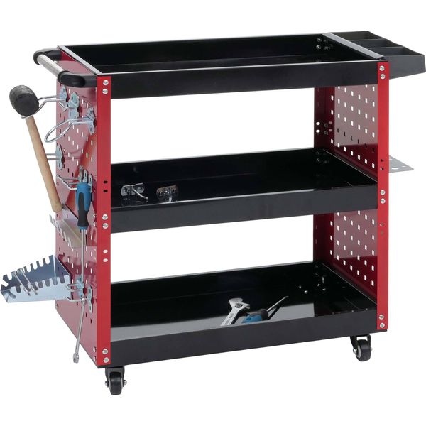 Carrello Portautensili HWC-M26, Carrello Per Officina, Maniglia Con Rotelle 3 Ripiani Griglia Forata, Acciaio 73X90X35Cm Rosso-image