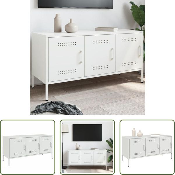 The Living Store Mobile Tv Bianco 100,5X39X50,5 Cm In Acciaio-image